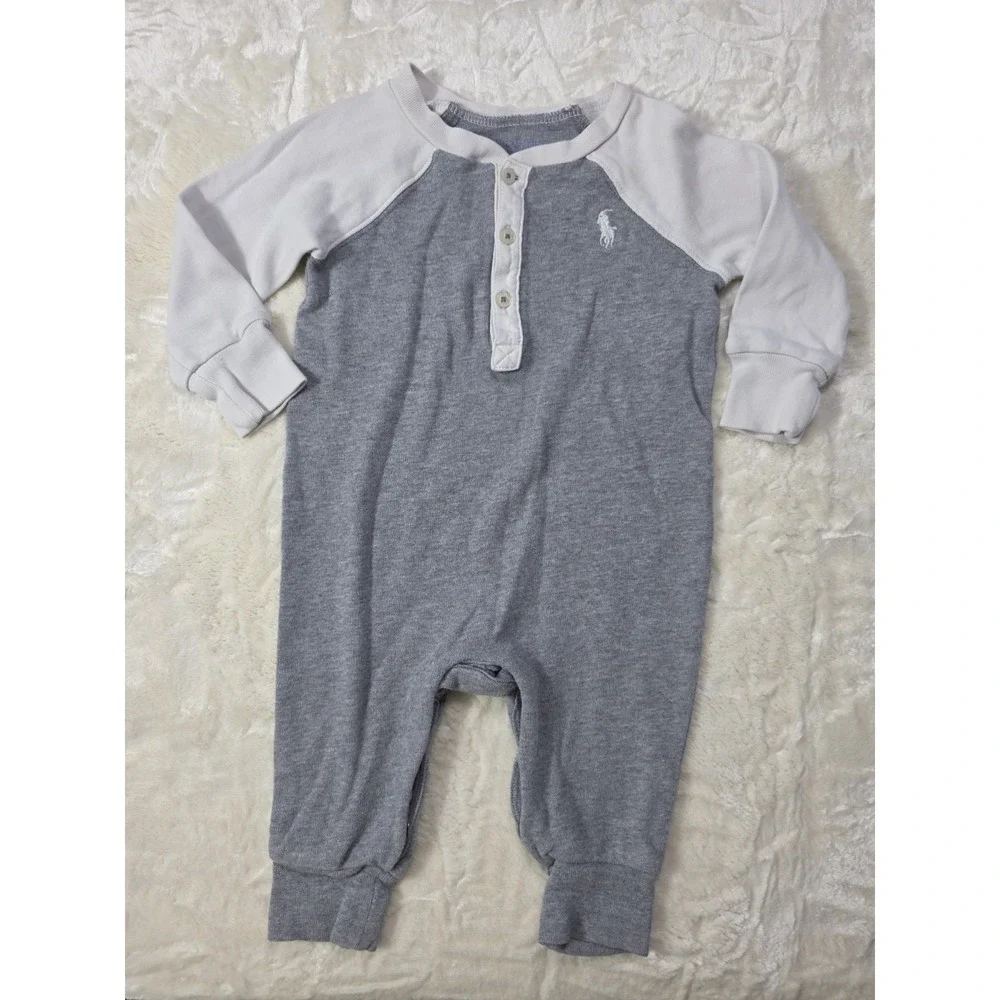 Ralph Lauren Baby Boy Gray White Footless Romper Jumpsuit 6M Pony Logo